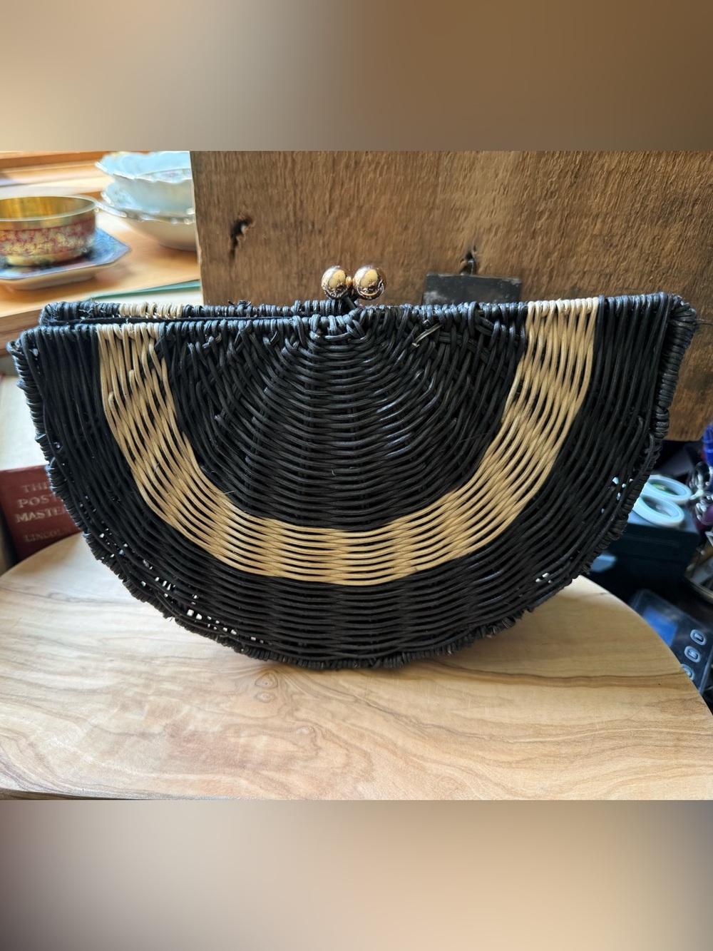 Tabitha Brown Target Geometric Woven Rattan Clutch Black White Kiss Lock Bag